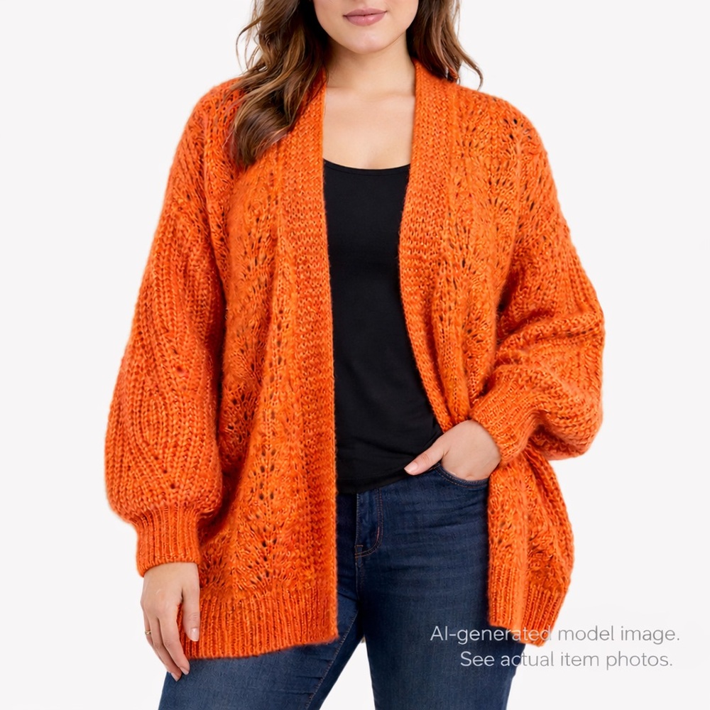 302. Lea & Viola Orange Chunky Knit Open Front Cardigan 2X